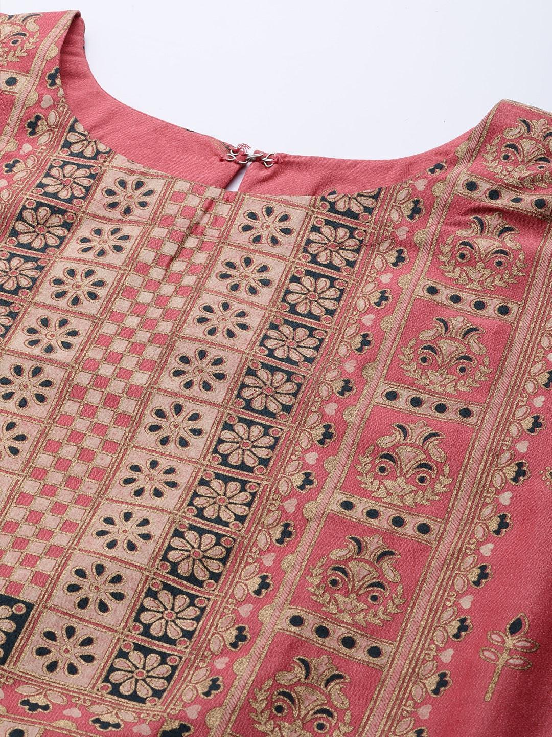 Pink Printed Chanderi Silk Kurta