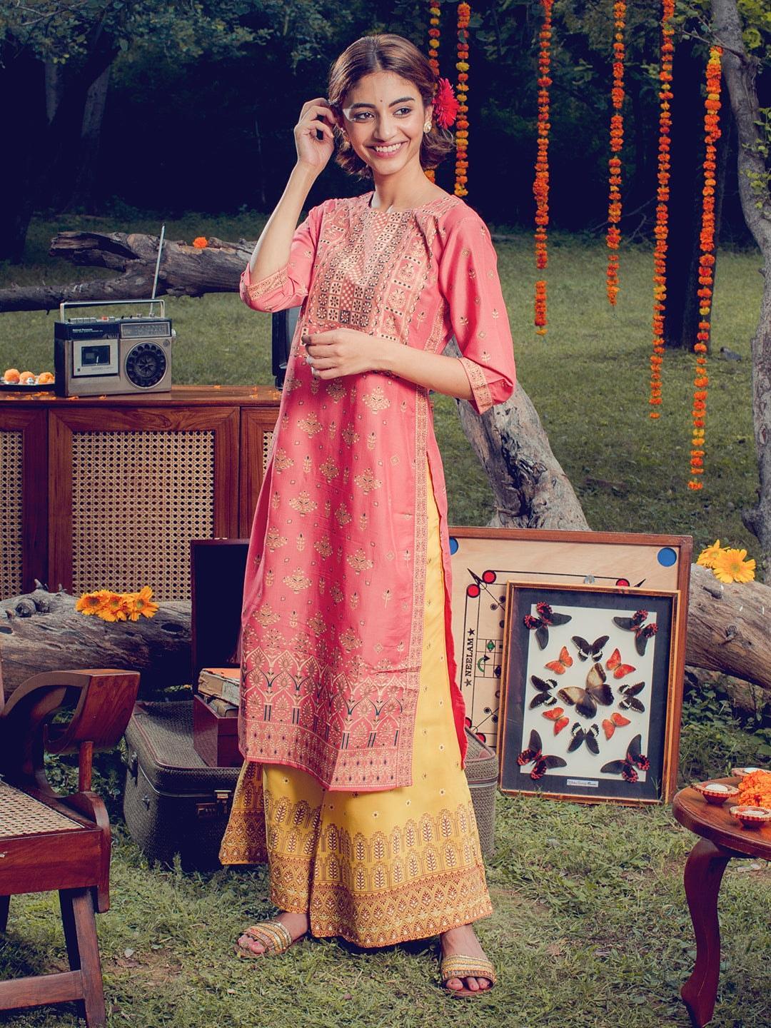 Pink Printed Chanderi Silk Kurta - ShopLibas