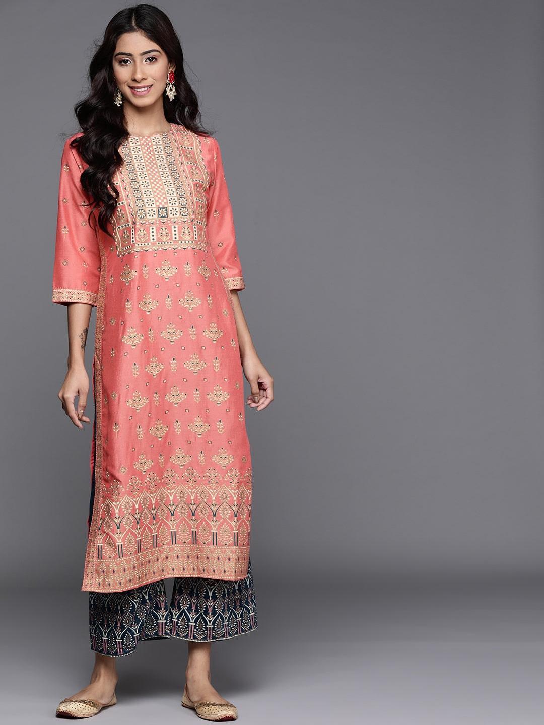 Pink Printed Chanderi Silk Kurta