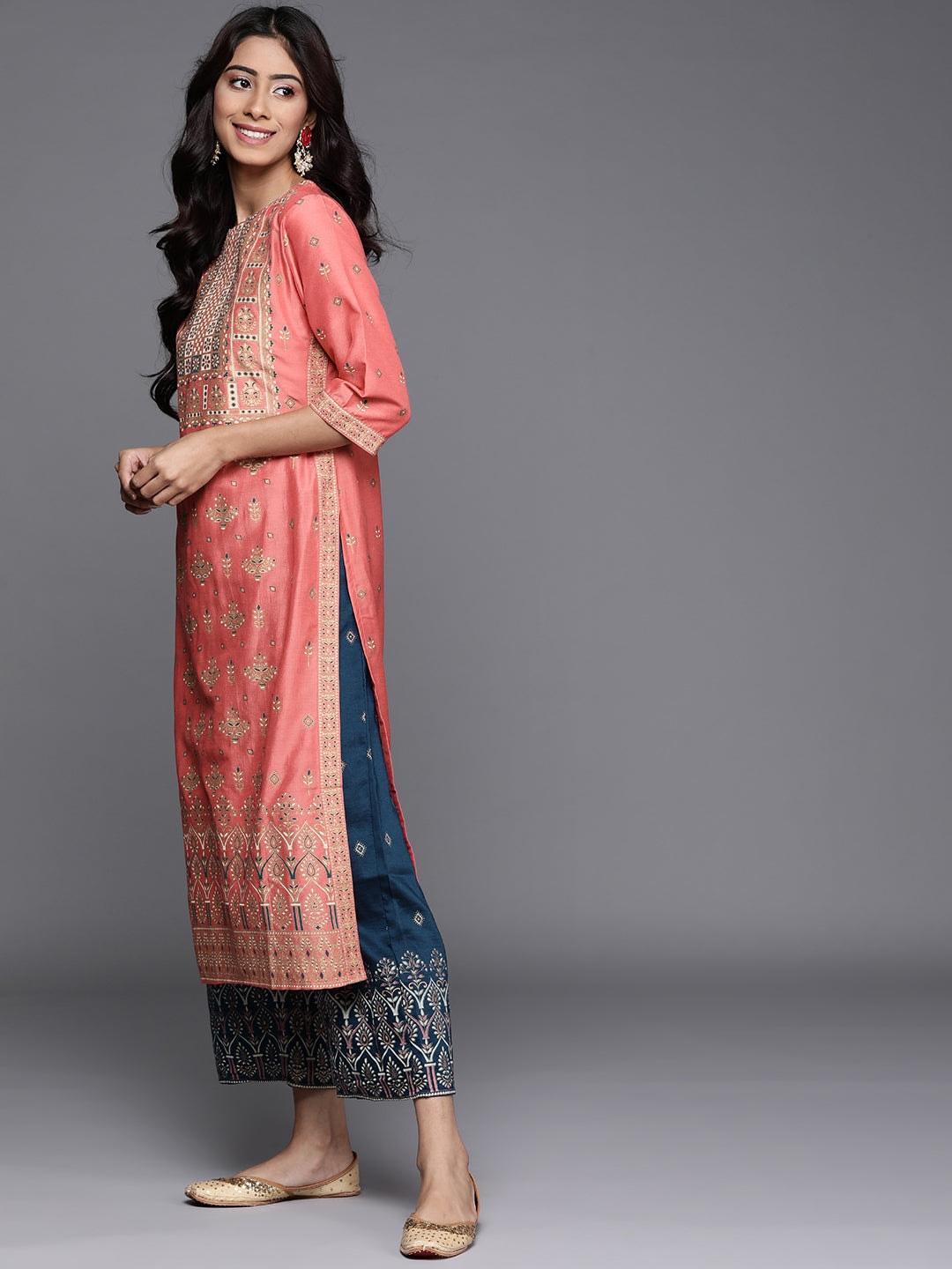 Pink Printed Chanderi Silk Kurta - ShopLibas