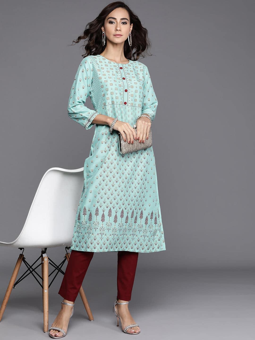 Blue Printed Chanderi Silk Kurta