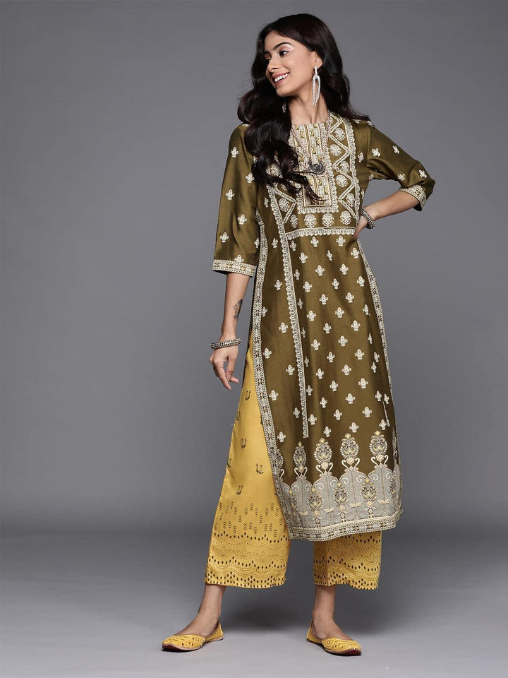 Green Printed Chanderi Silk Kurta - ShopLibas