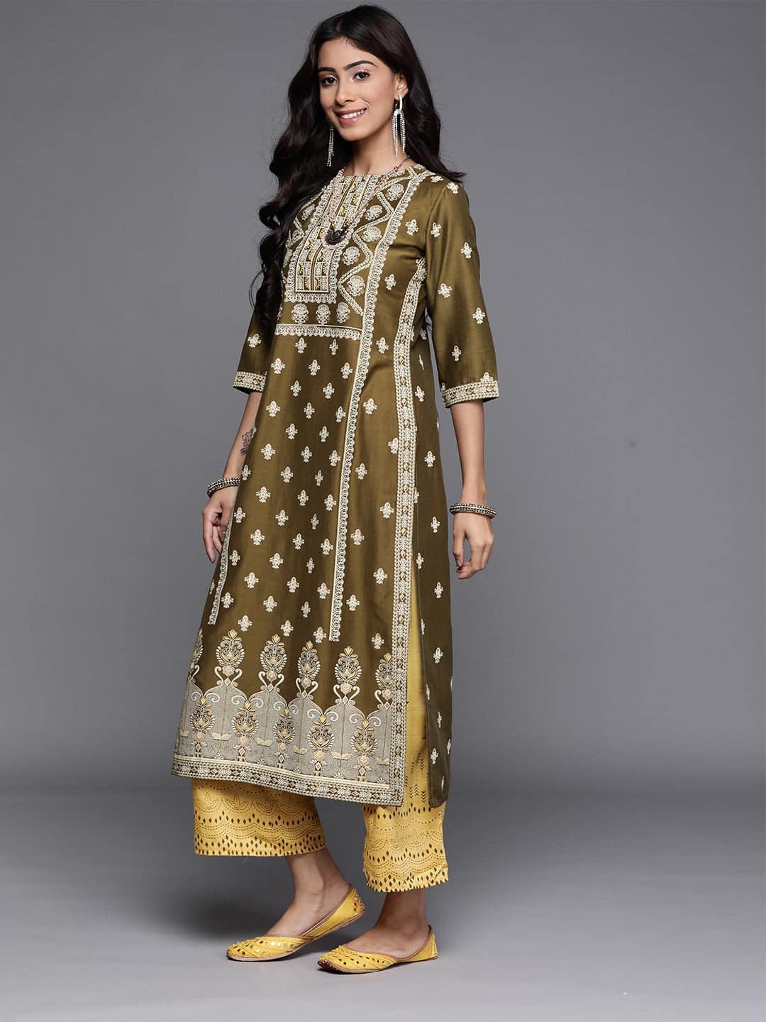 Green Printed Chanderi Silk Kurta - ShopLibas