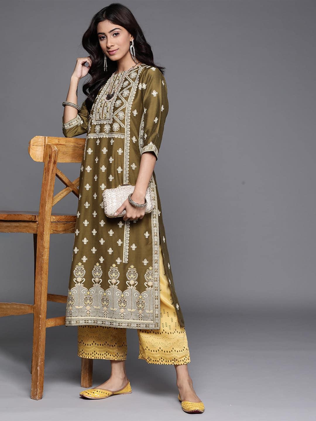 Green Printed Chanderi Silk Kurta