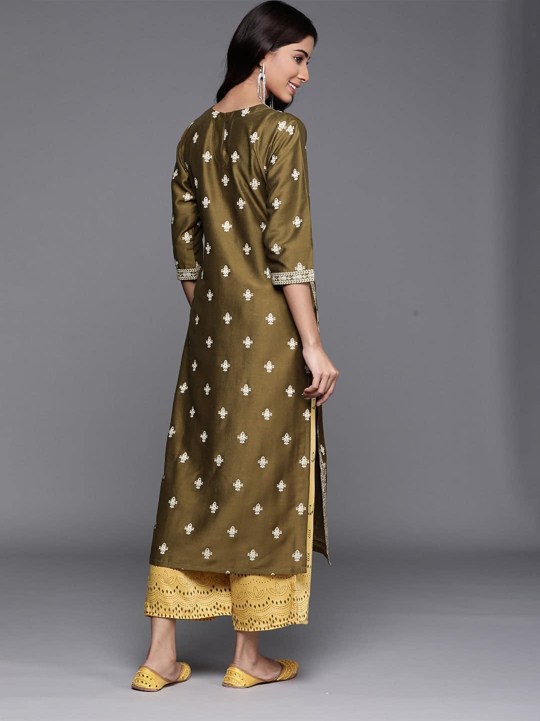 Green Printed Chanderi Silk Kurta - ShopLibas