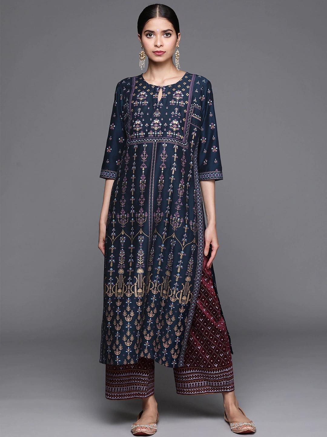 Blue Printed Chanderi Silk Kurta