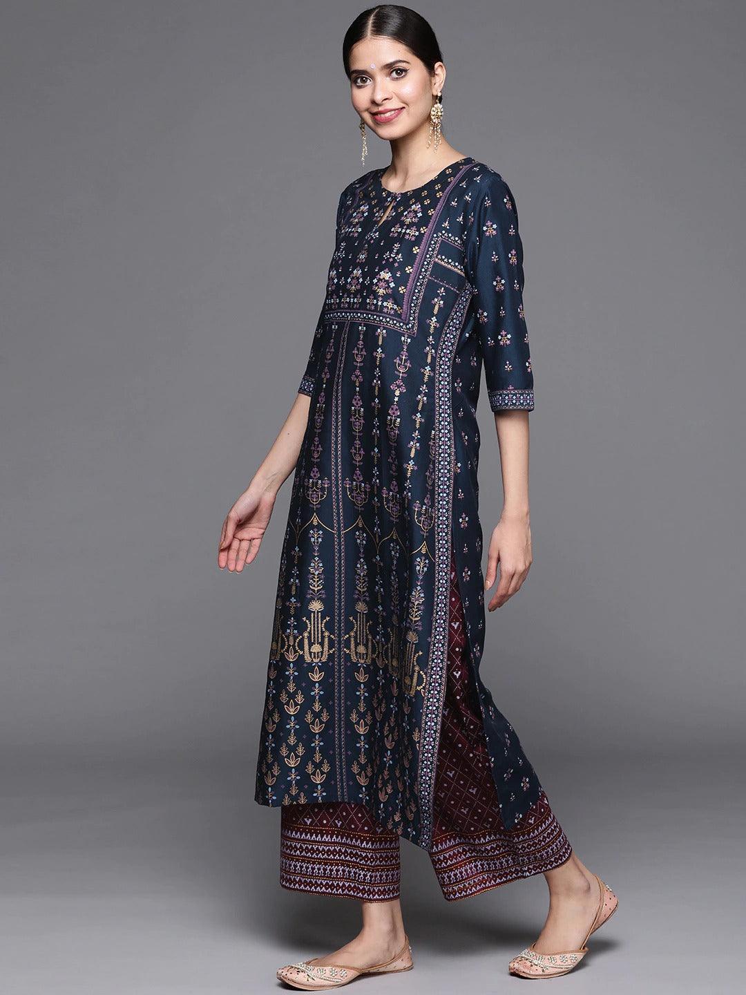 Blue Printed Chanderi Silk Kurta