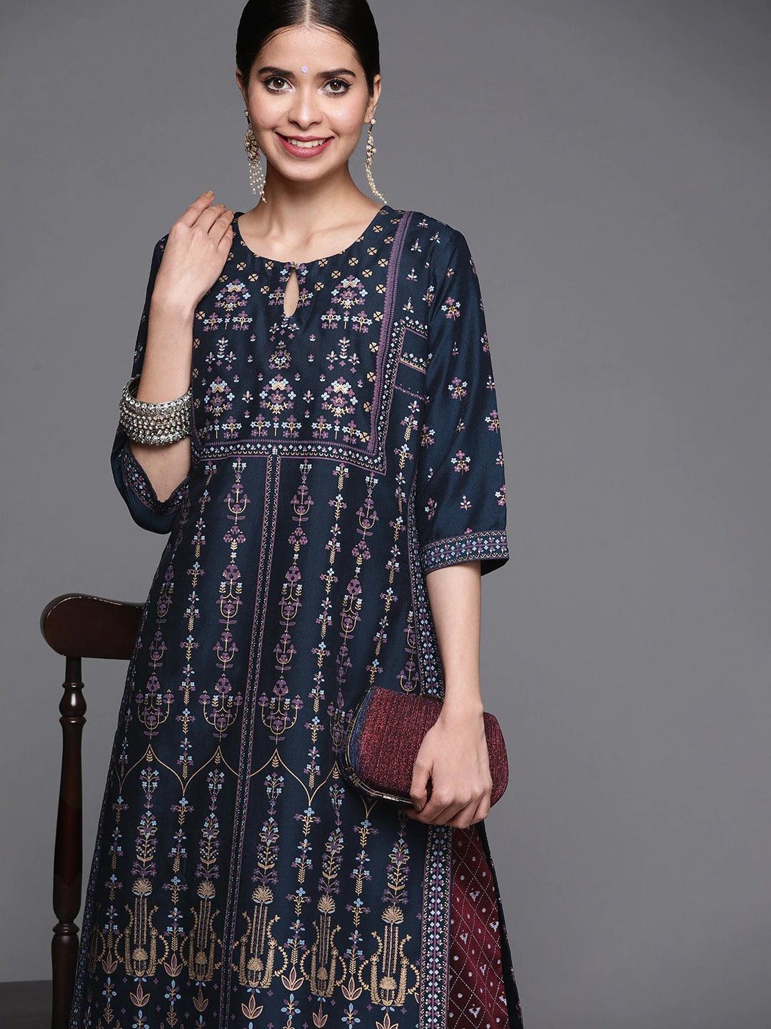 Blue Printed Chanderi Silk Kurta