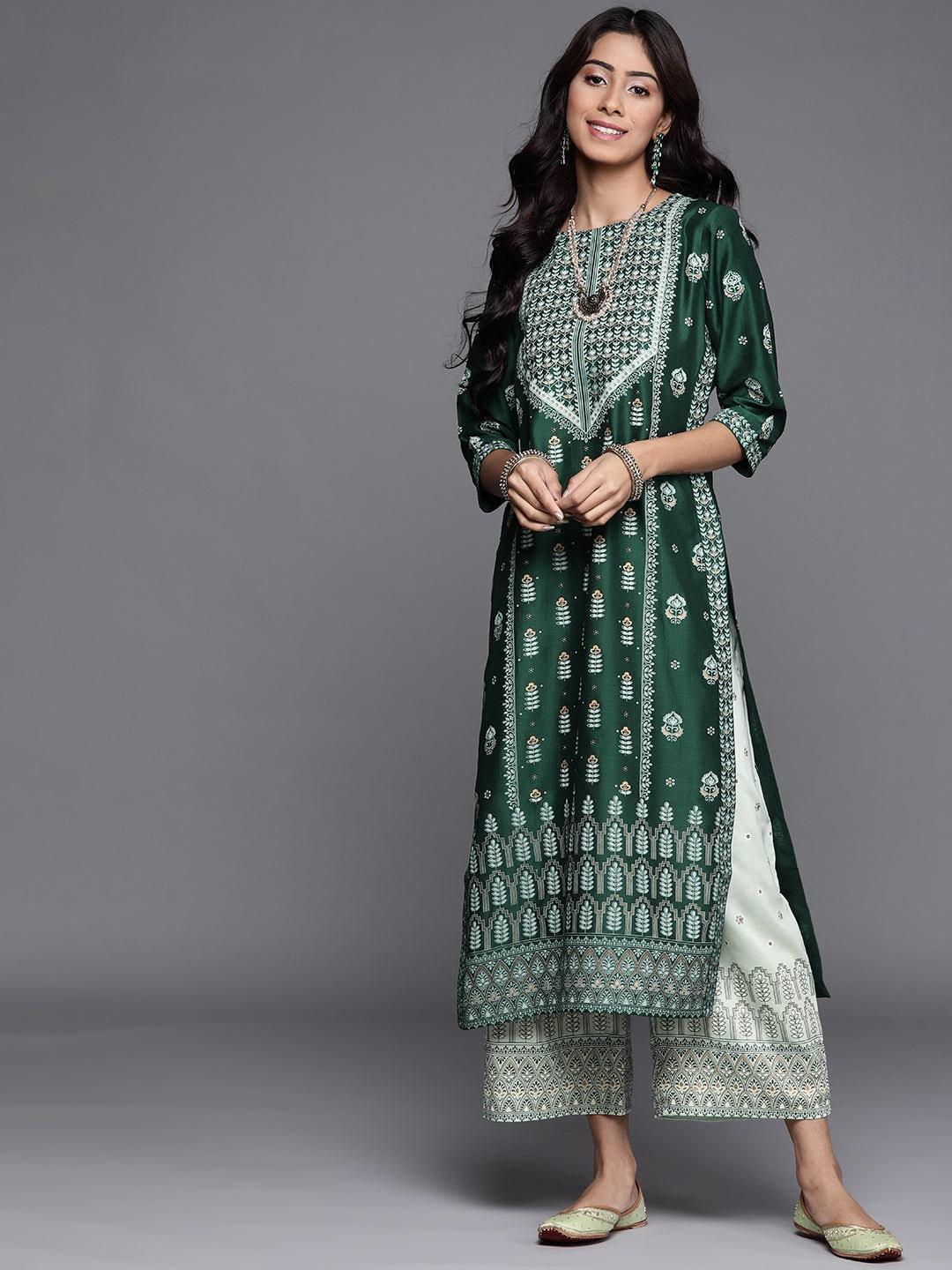 Green Printed Chanderi Silk Kurta