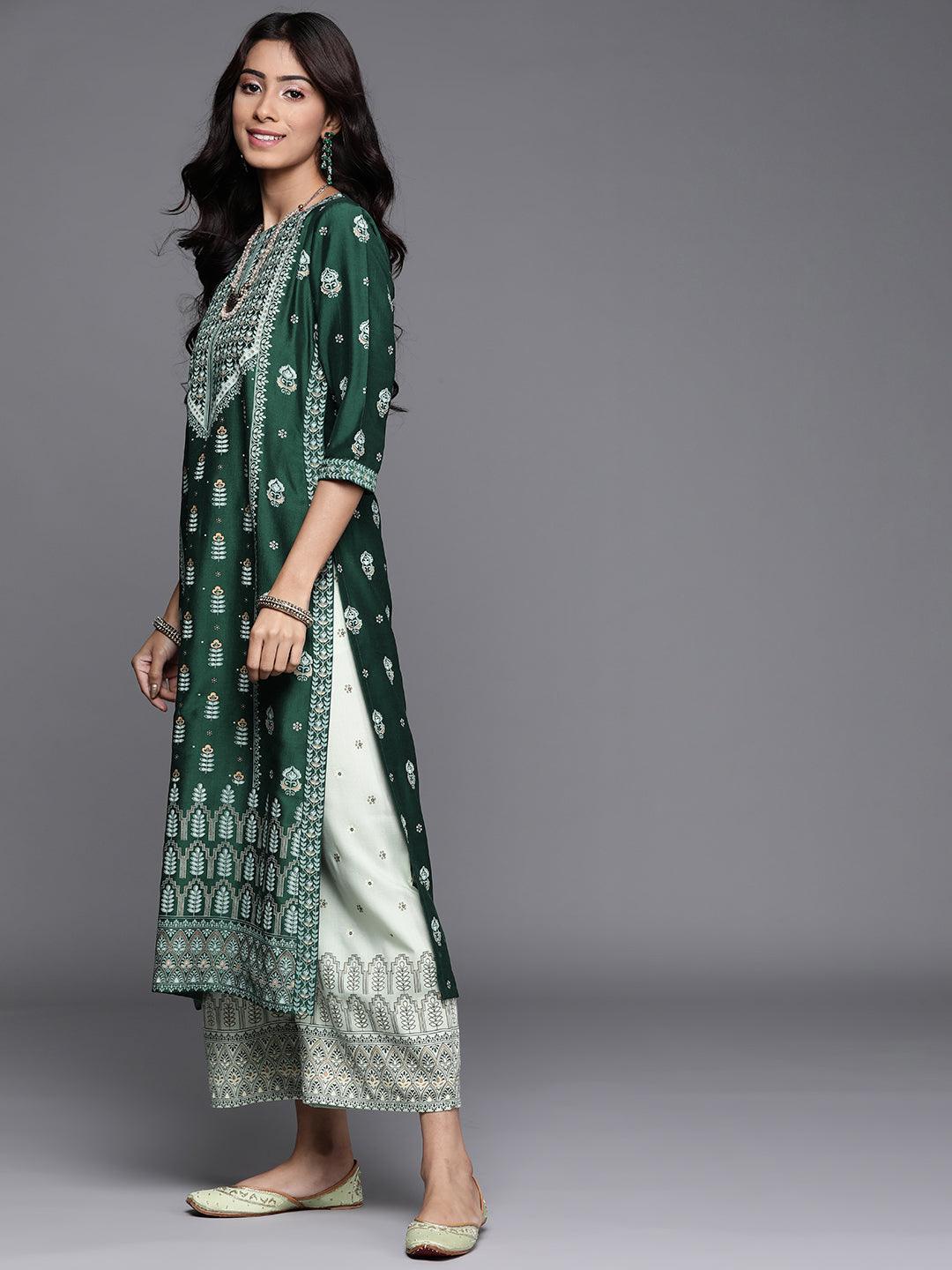 Green Printed Chanderi Silk Kurta - ShopLibas