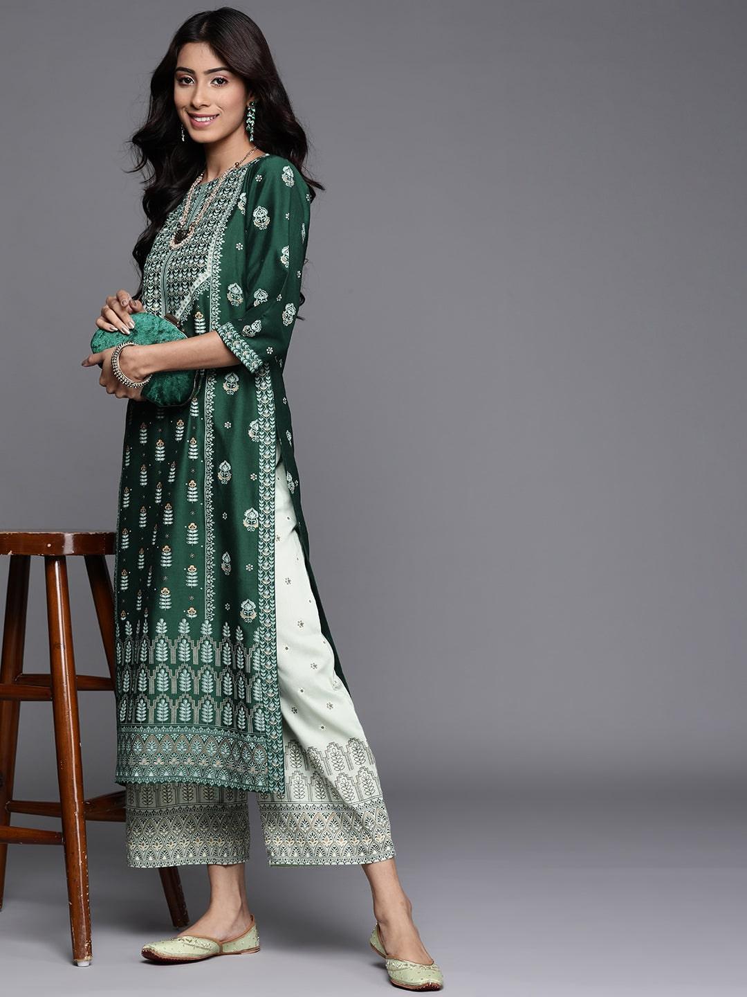 Green Printed Chanderi Silk Kurta