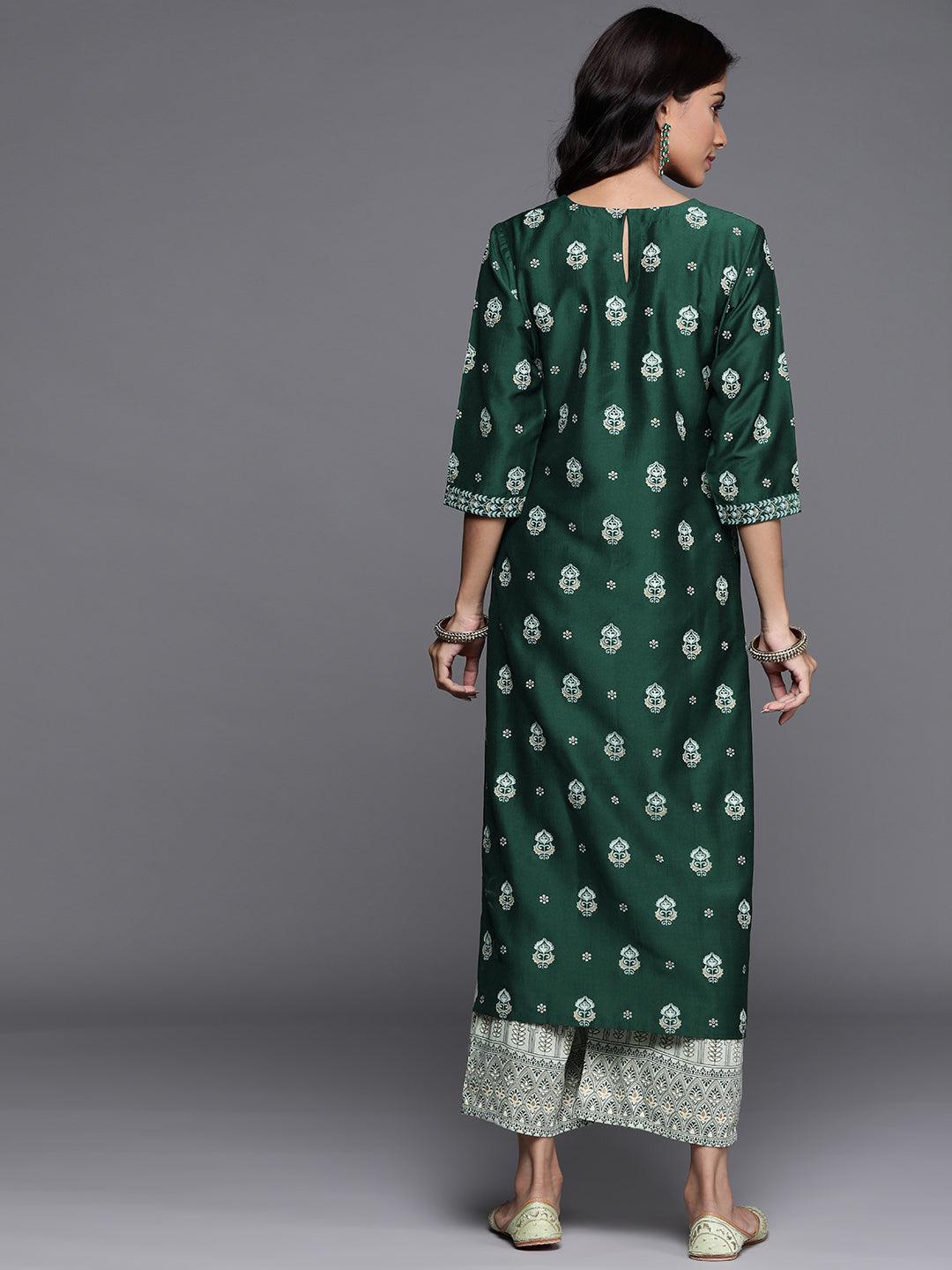 Green Printed Chanderi Silk Kurta - ShopLibas