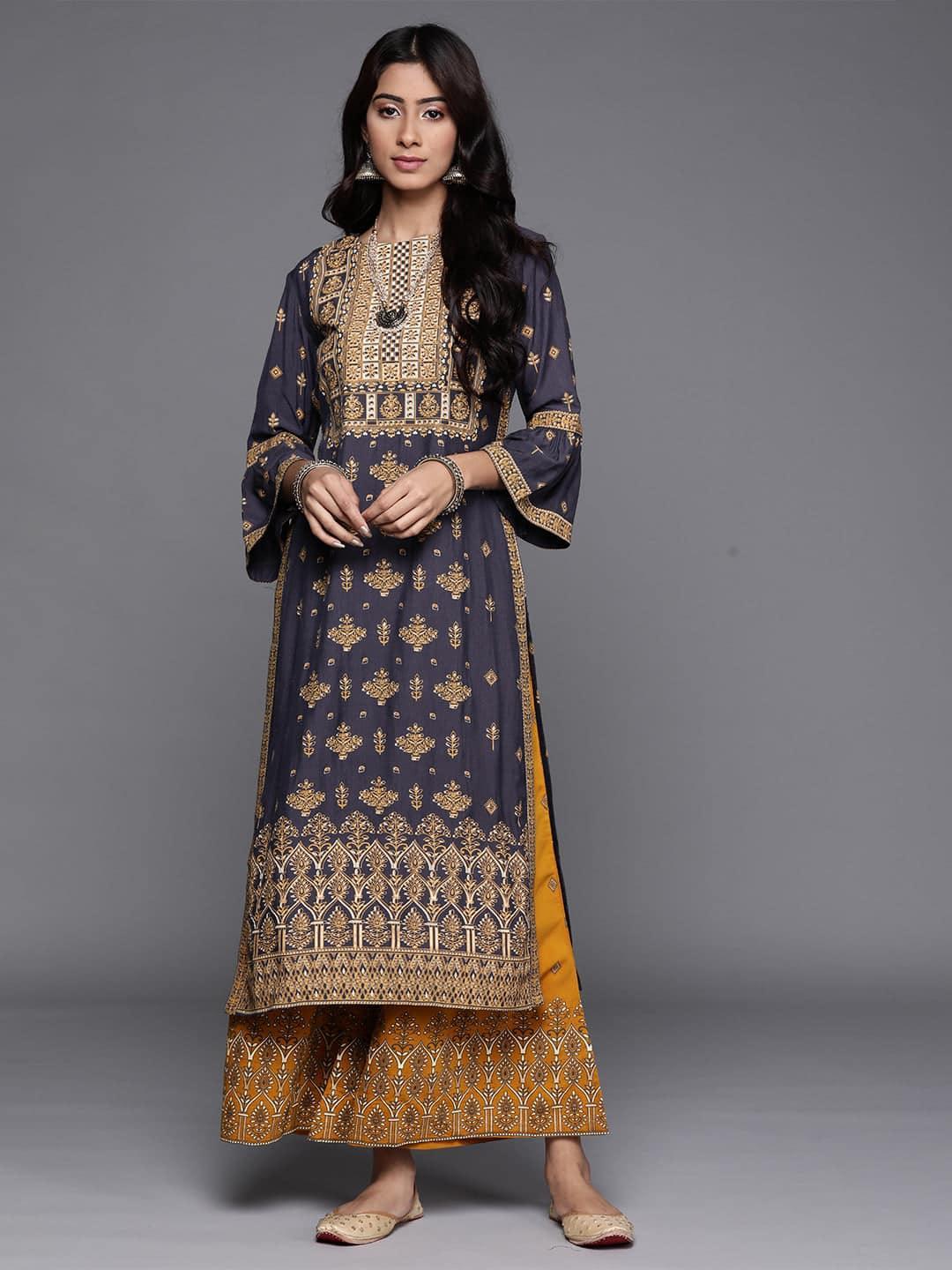 Blue Printed Chanderi Silk Kurta - ShopLibas