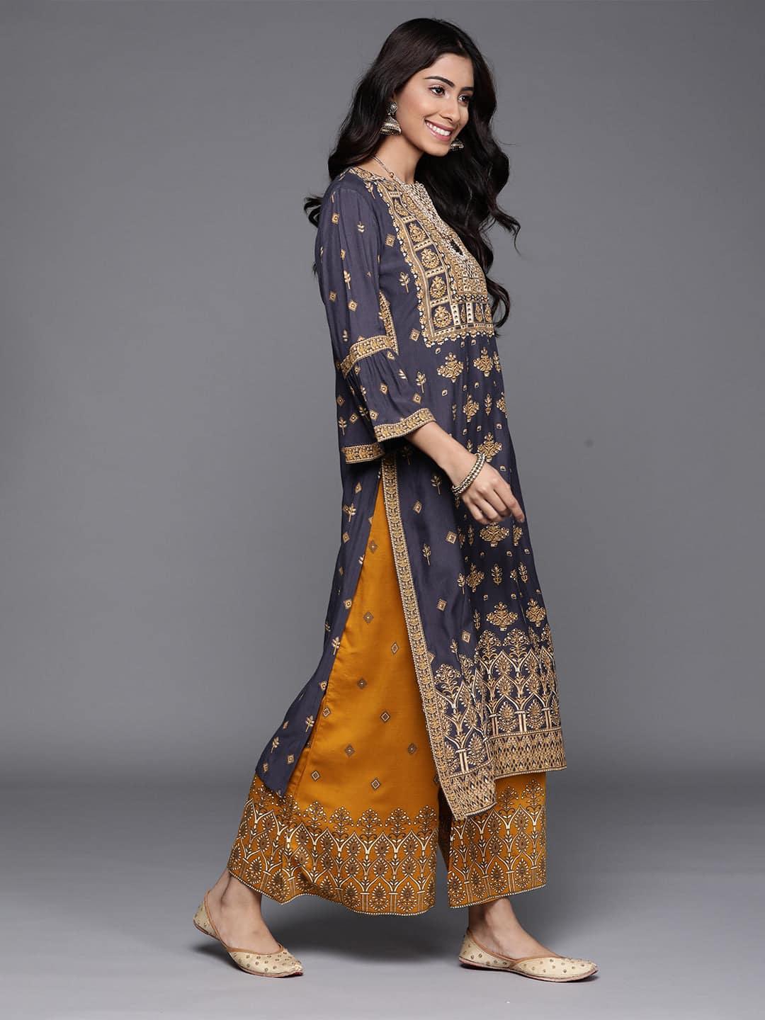 Blue Printed Chanderi Silk Kurta - ShopLibas