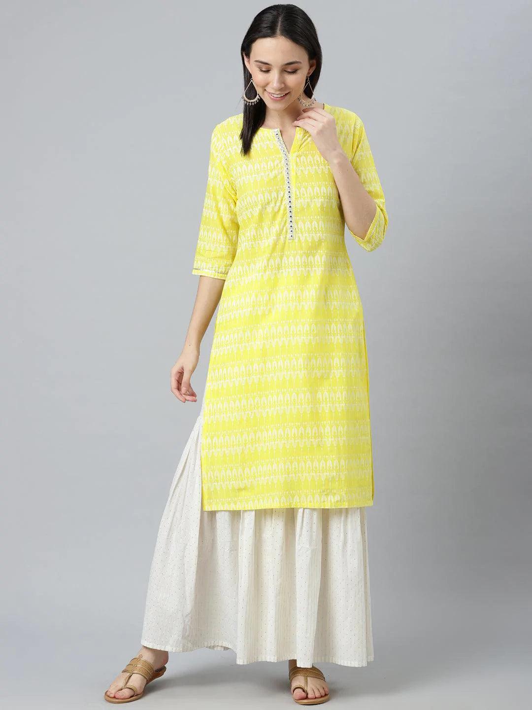 Yellow Printed Cotton Kurta - ShopLibas