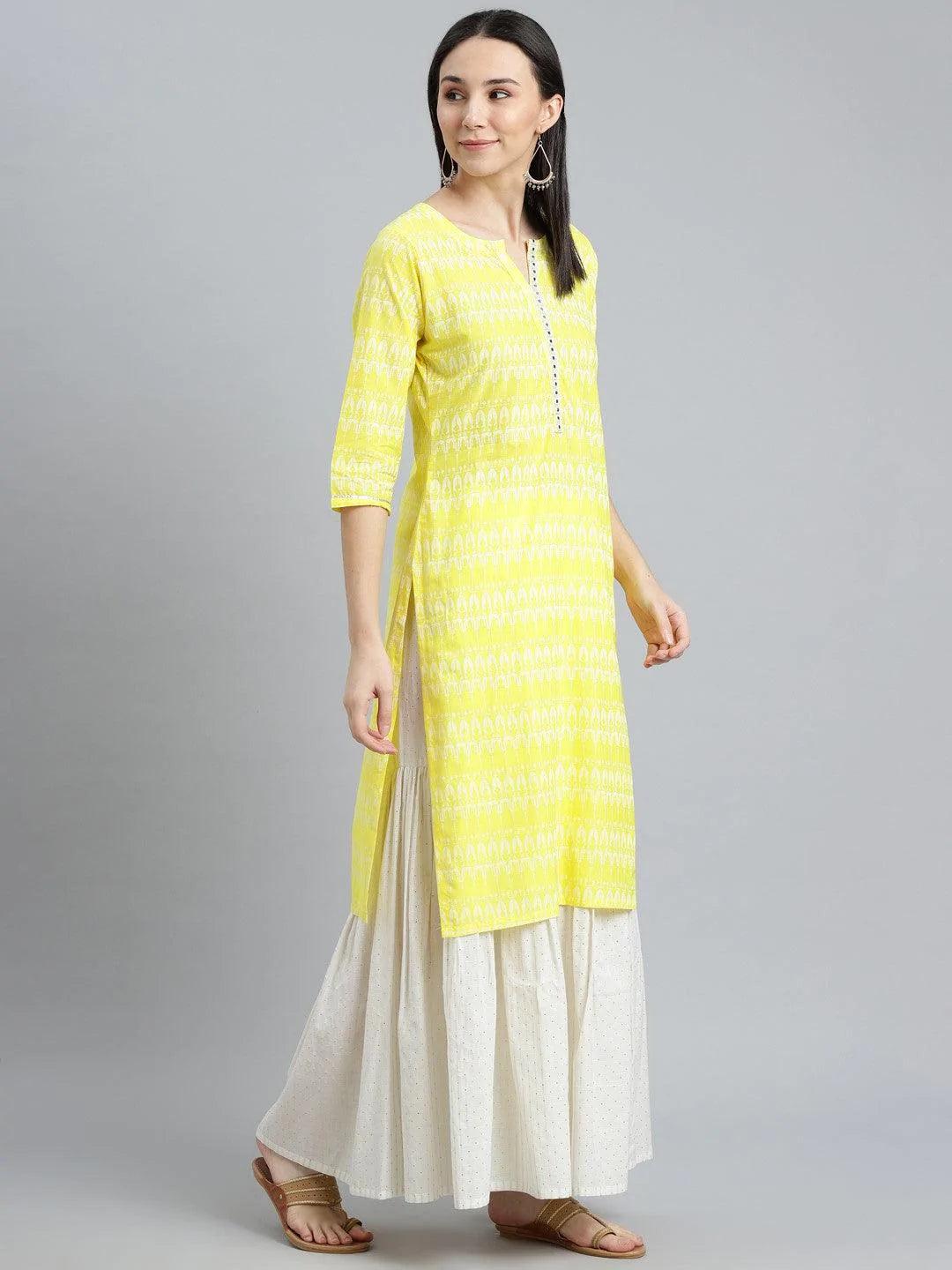 Yellow Printed Cotton Kurta - ShopLibas