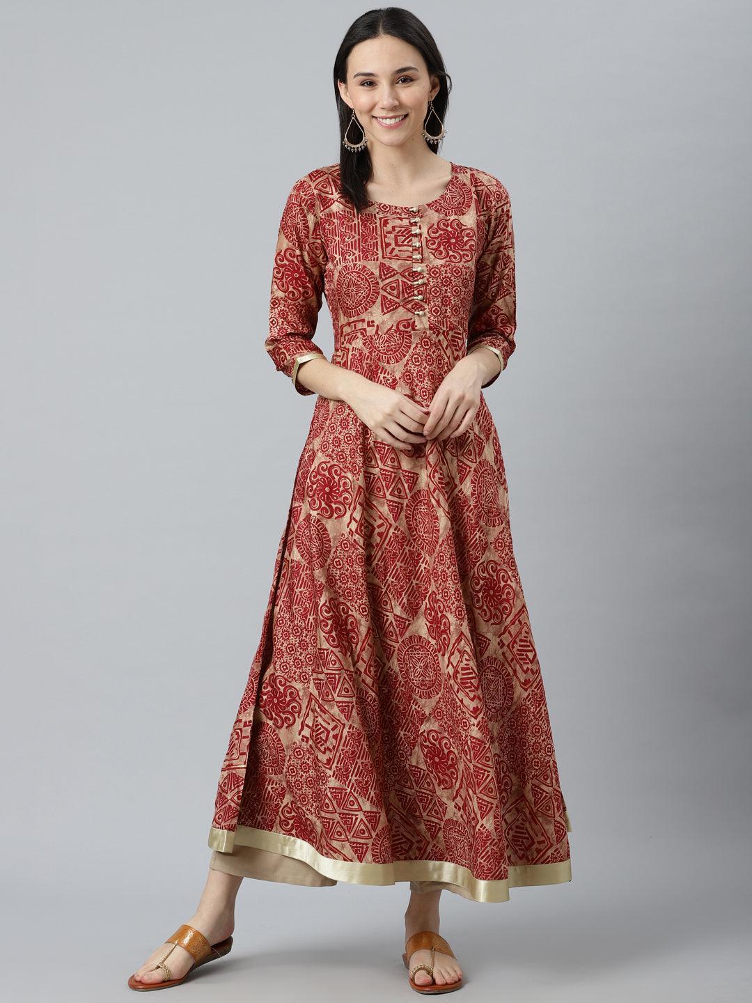 Maroon Printed Silk Kurta