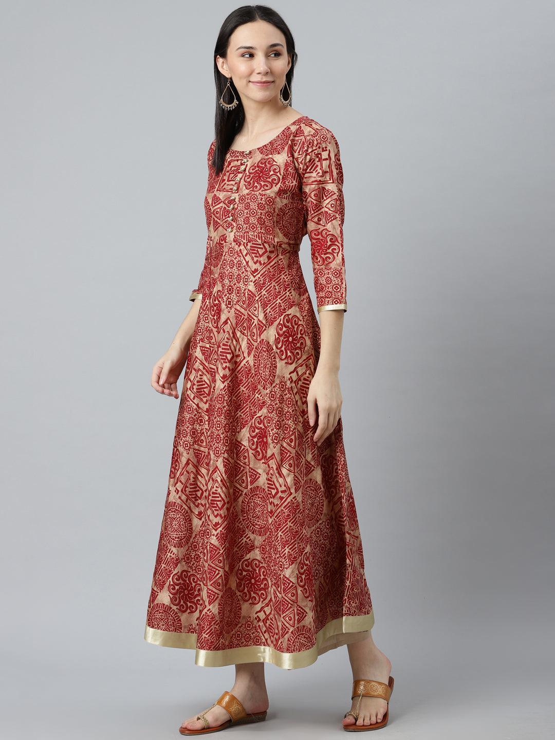 Maroon Printed Silk Kurta