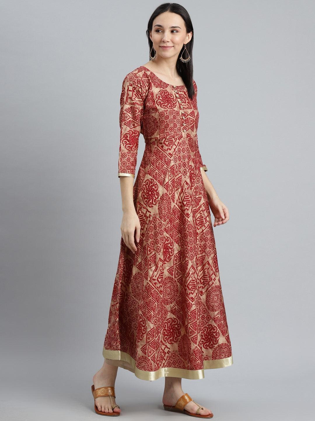 Maroon Printed Silk Kurta