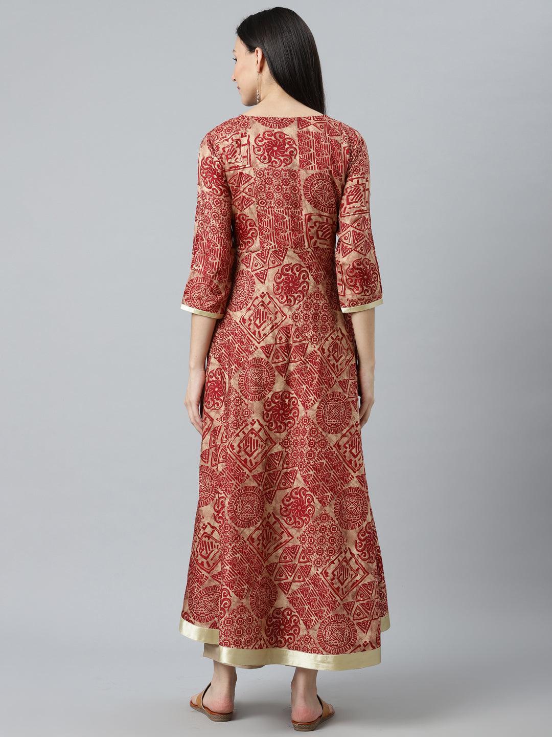 Maroon Printed Silk Kurta