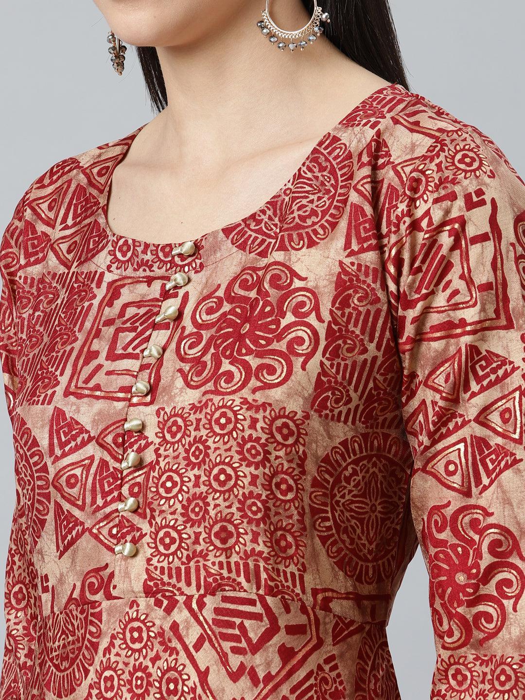 Maroon Printed Silk Kurta