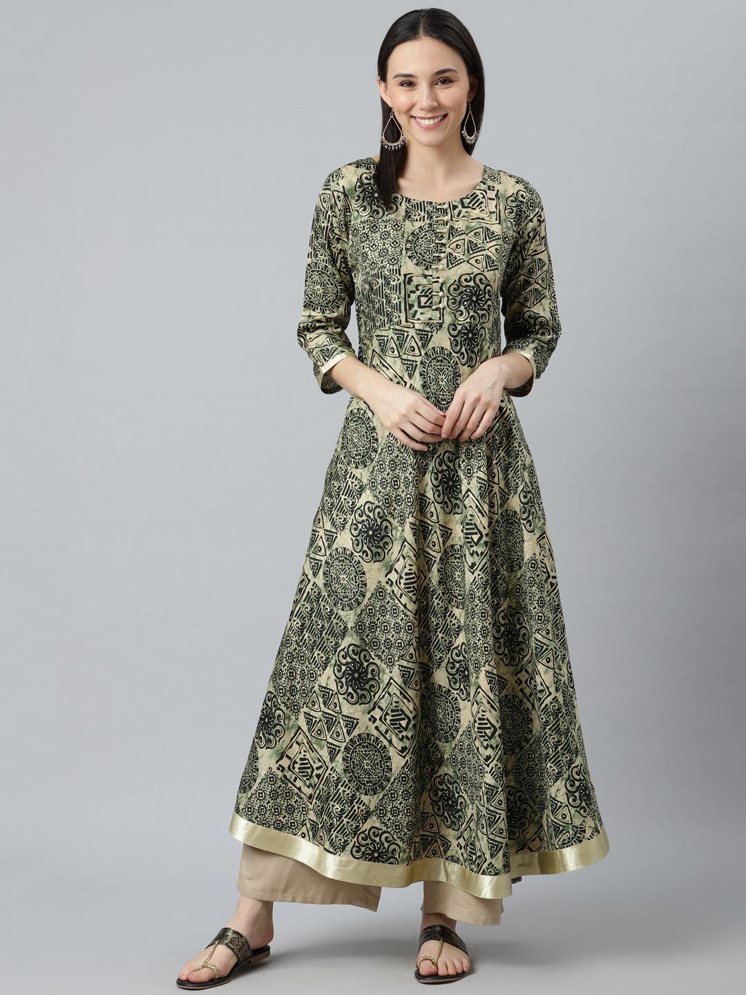 Green Printed Silk Kurta - ShopLibas