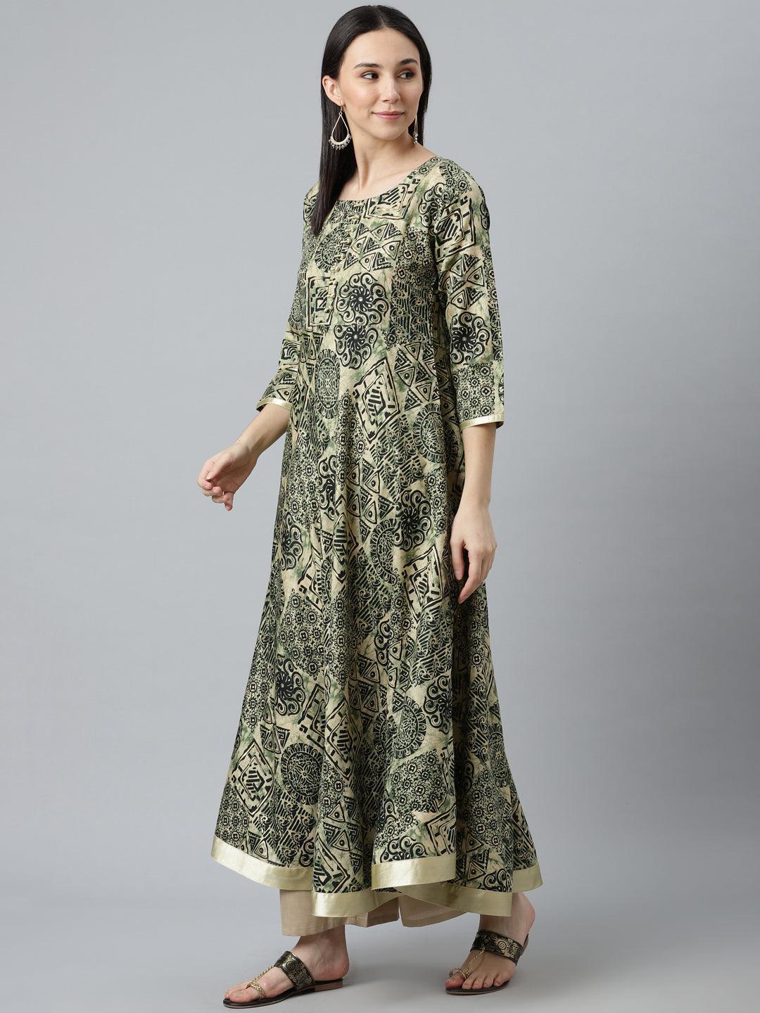 Green Printed Silk Kurta