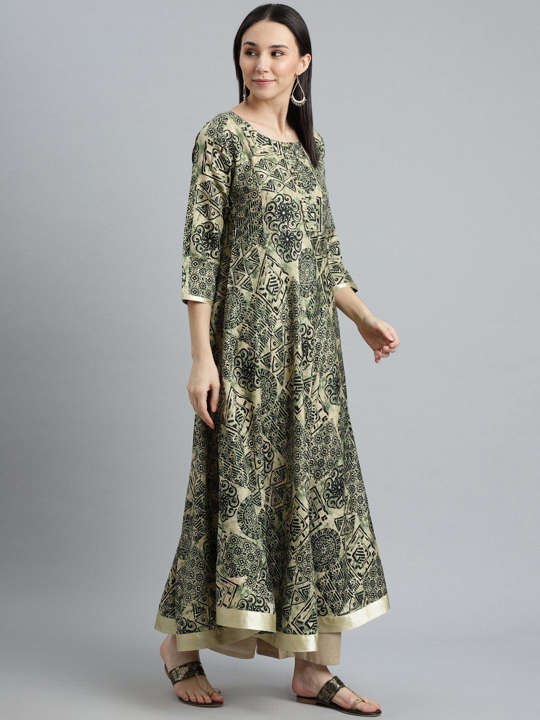 Green Printed Silk Kurta - ShopLibas