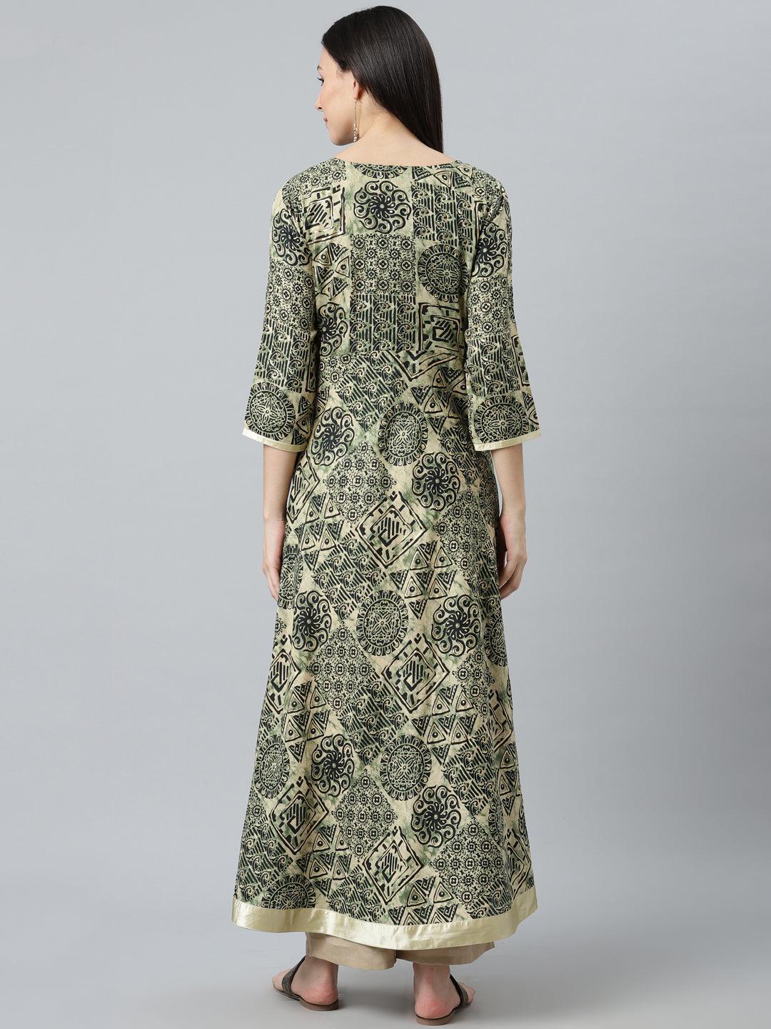 Green Printed Silk Kurta - ShopLibas