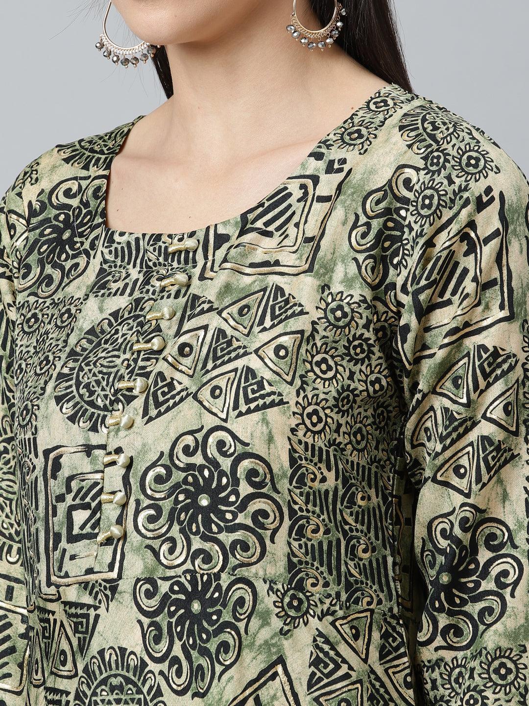 Green Printed Silk Kurta - ShopLibas