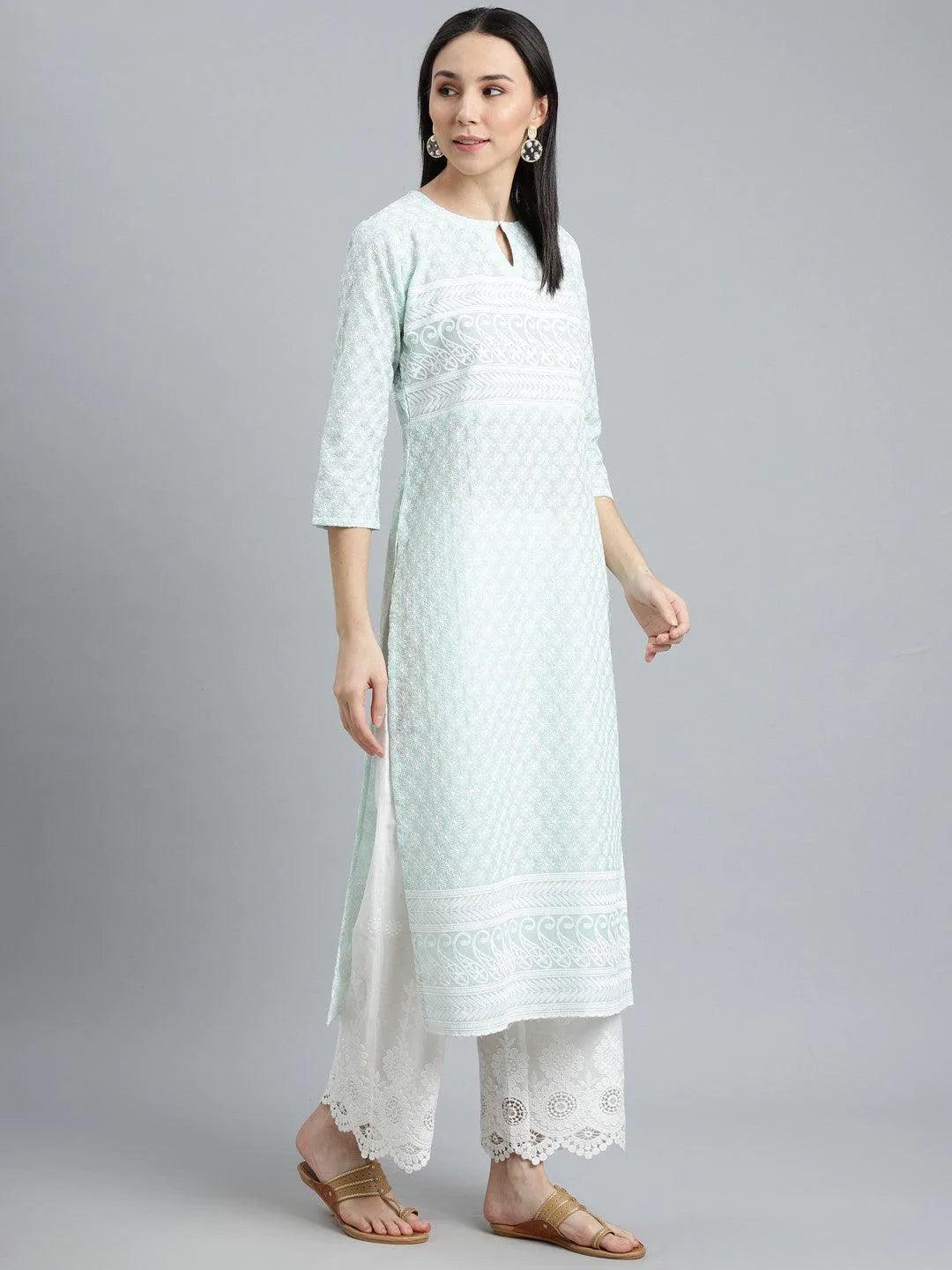 Blue Embroidered Cotton Kurta - ShopLibas