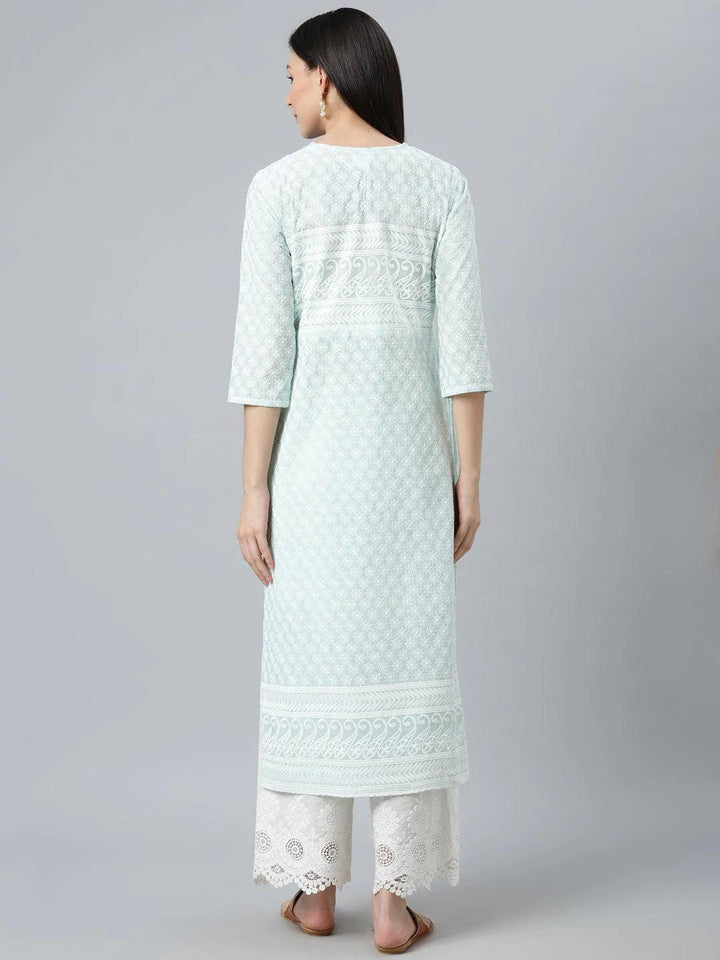 Blue Embroidered Cotton Kurta - ShopLibas