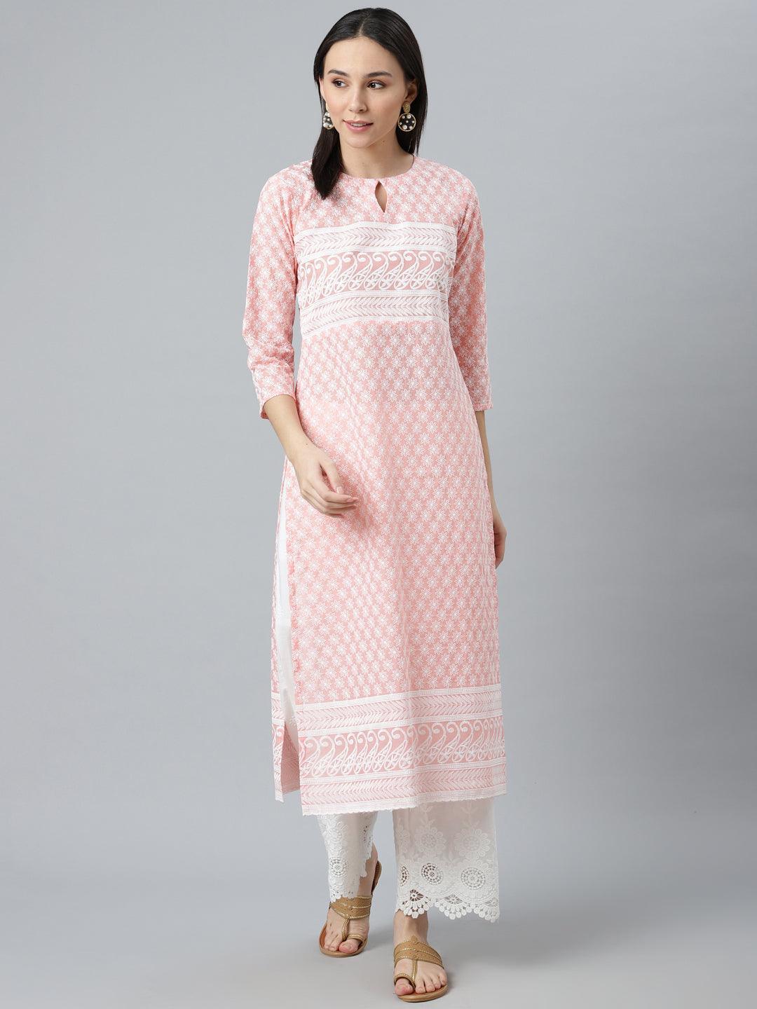 Pink Embroidered Cotton Kurta - ShopLibas