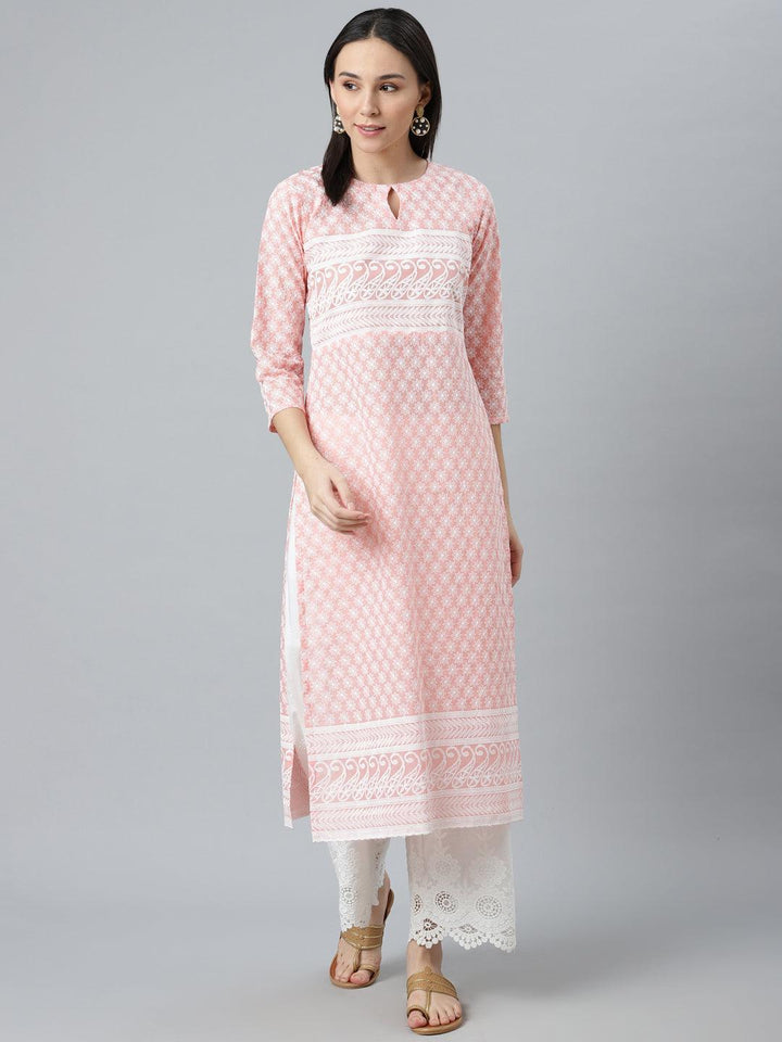 Pink Embroidered Cotton Kurta - ShopLibas