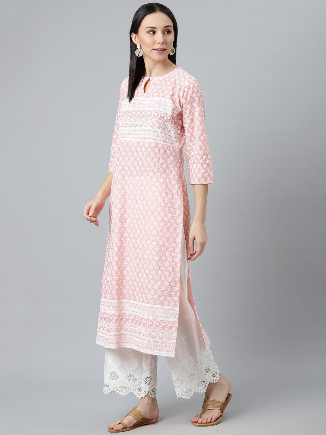 Pink Embroidered Cotton Kurta