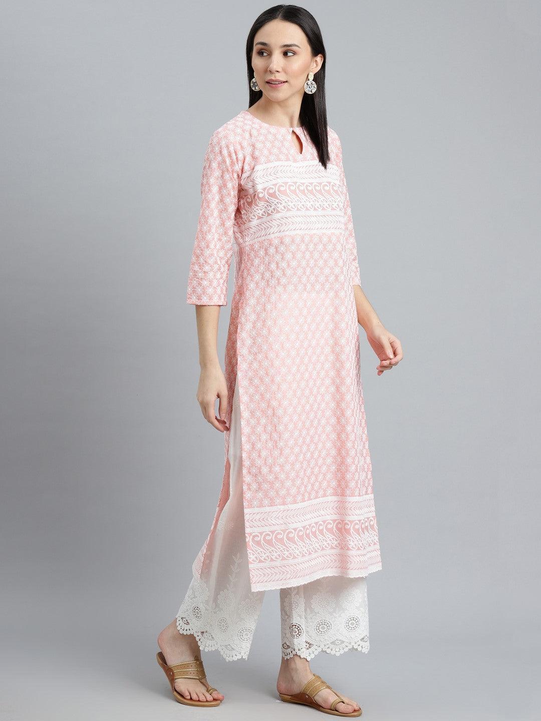 Pink Embroidered Cotton Kurta