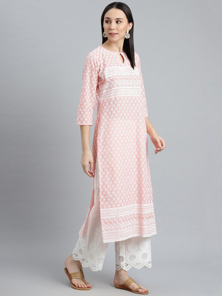 Pink Embroidered Cotton Kurta - ShopLibas