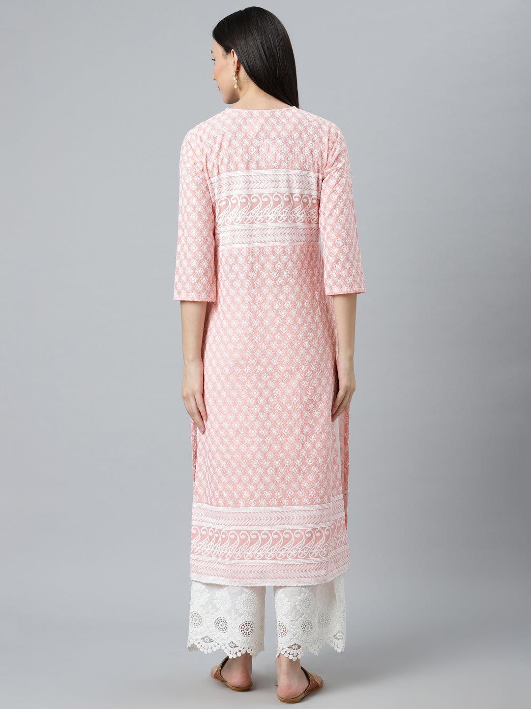 Pink Embroidered Cotton Kurta