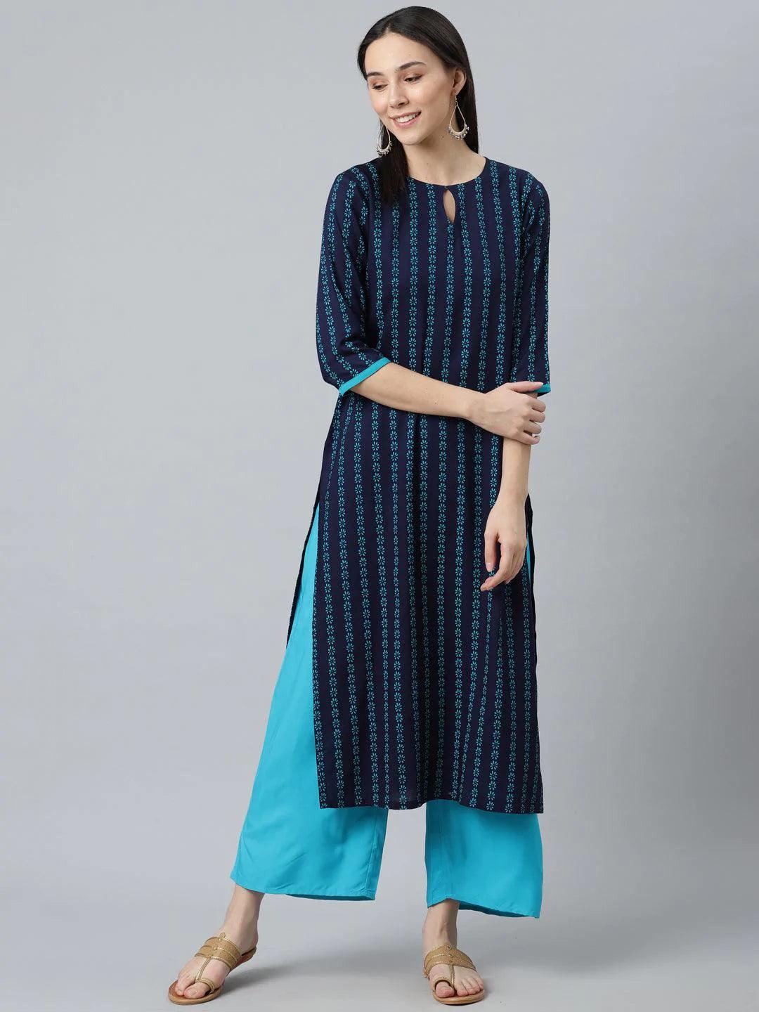 Blue Printed Rayon Kurta