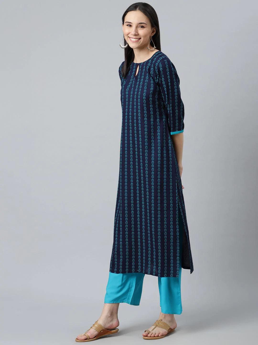 Blue Printed Rayon Kurta - ShopLibas