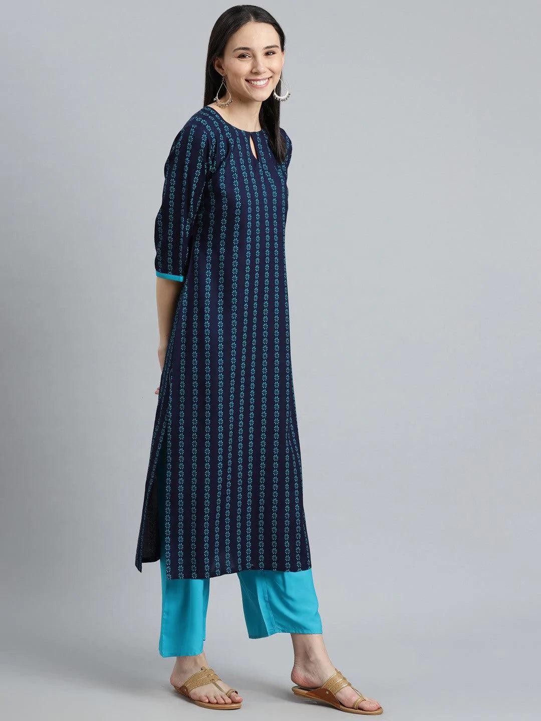 Blue Printed Rayon Kurta