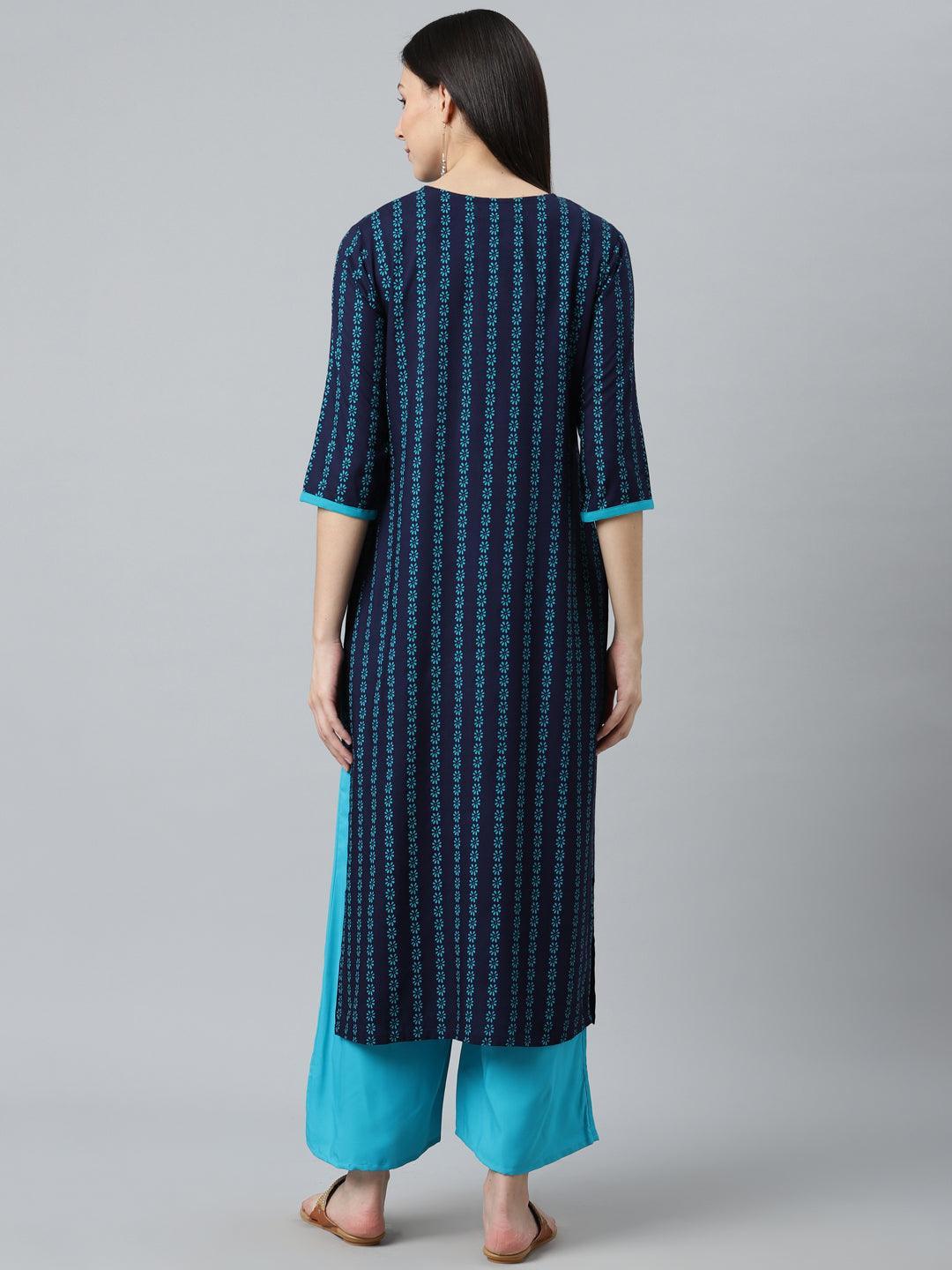 Blue Printed Rayon Kurta