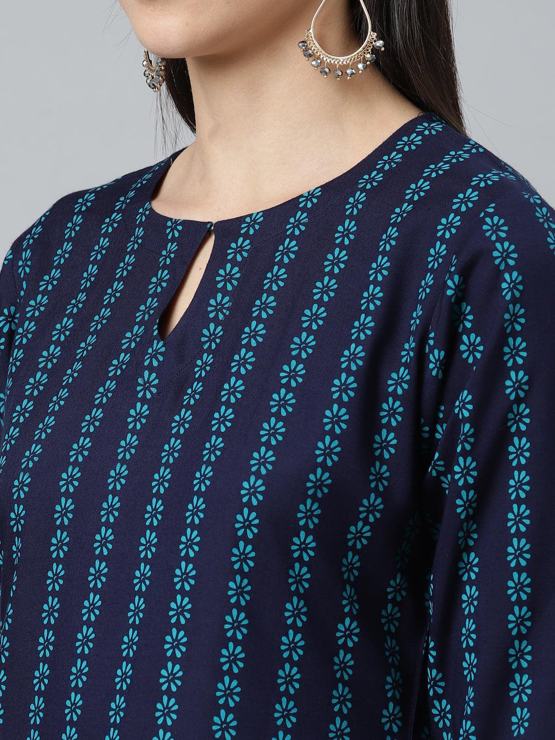 Blue Printed Rayon Kurta