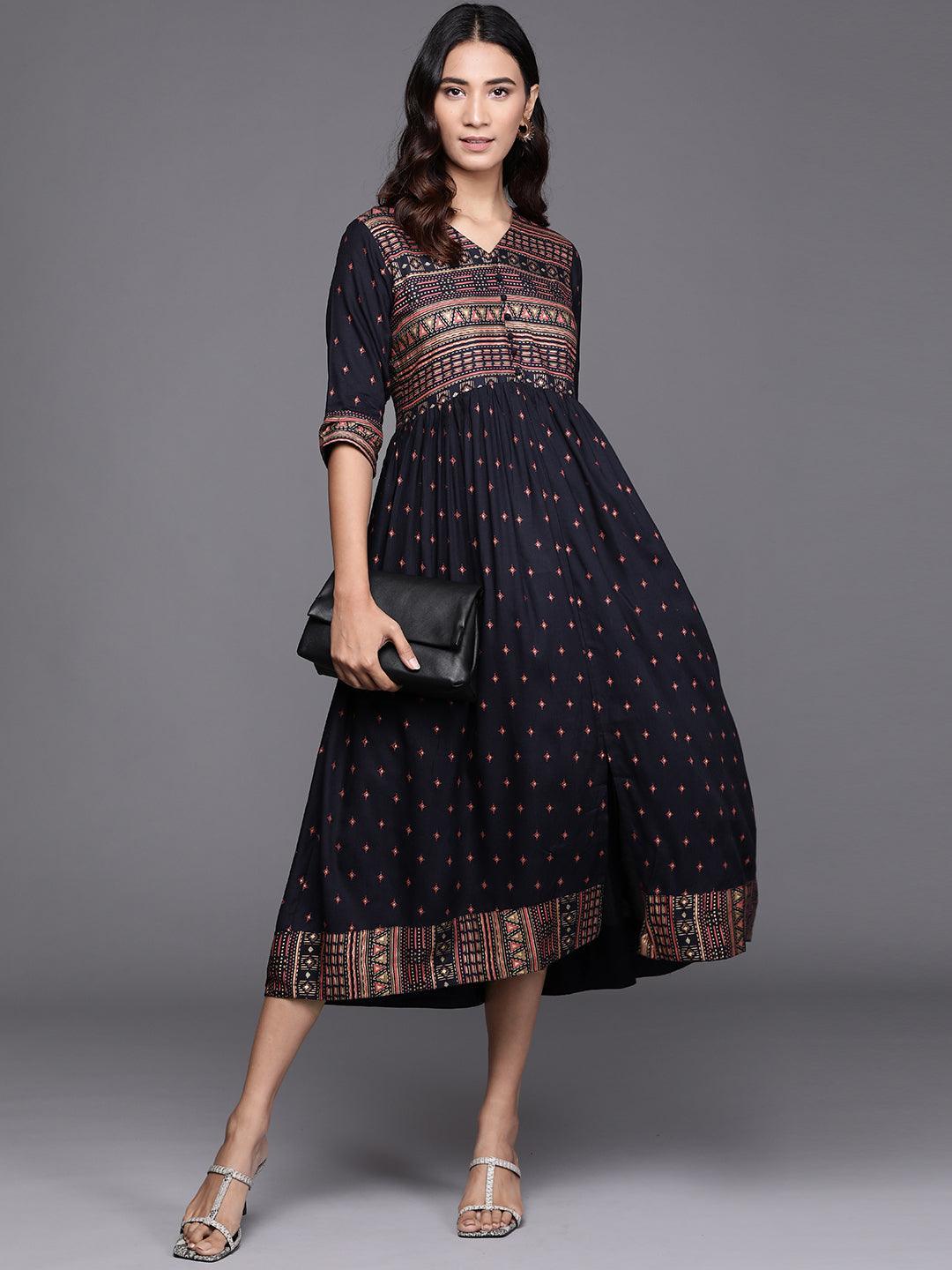 Blue Printed Rayon Dress