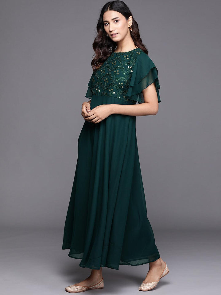 Green Embroidered Georgette Dress - ShopLibas