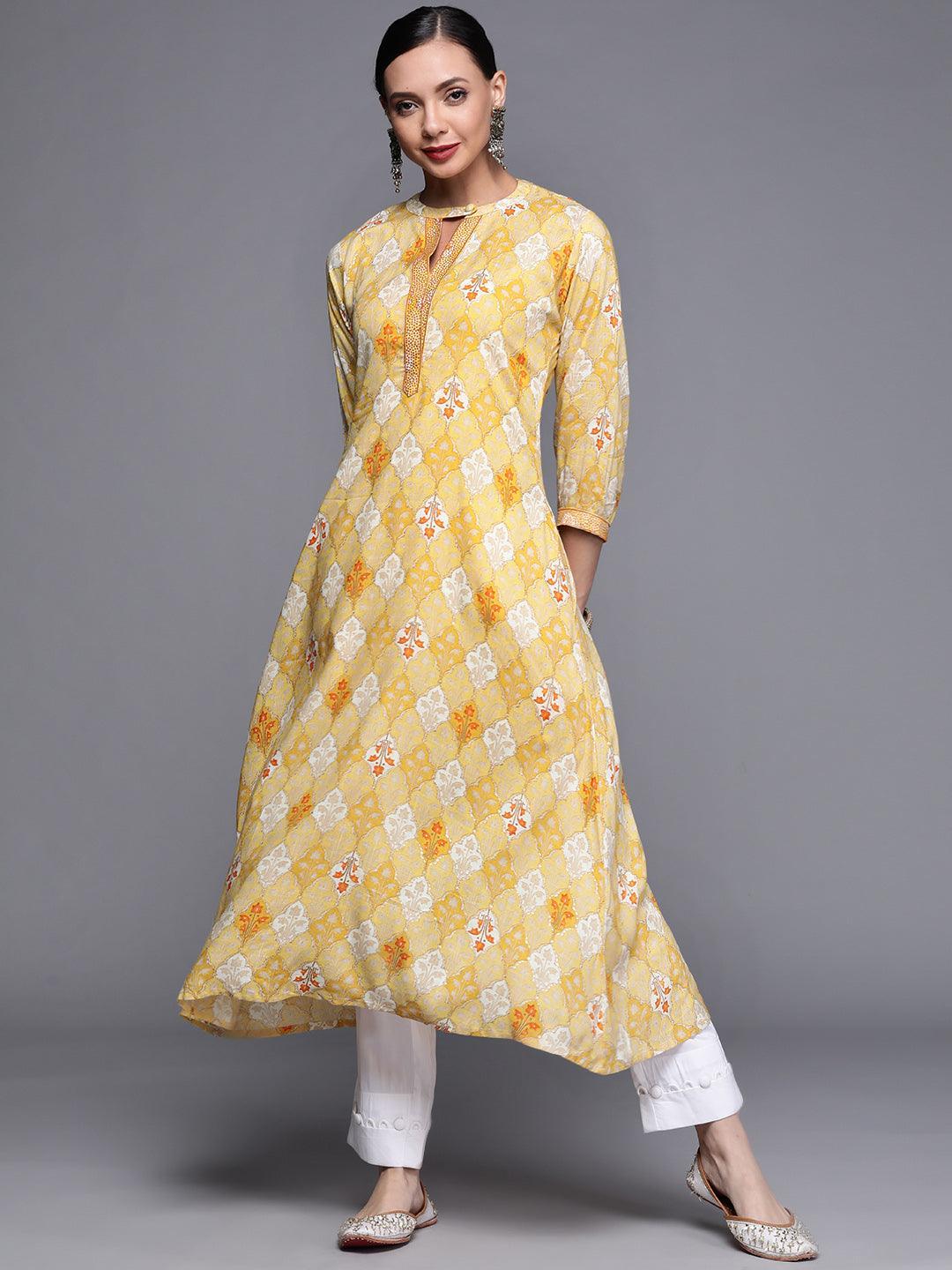 Yellow Printed Rayon Kurta