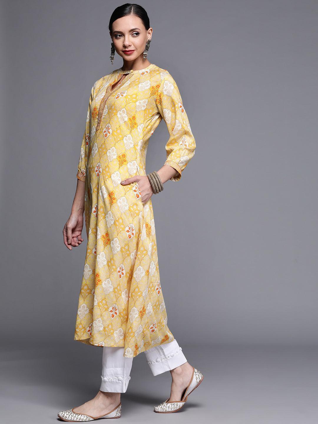 Yellow Printed Rayon Kurta