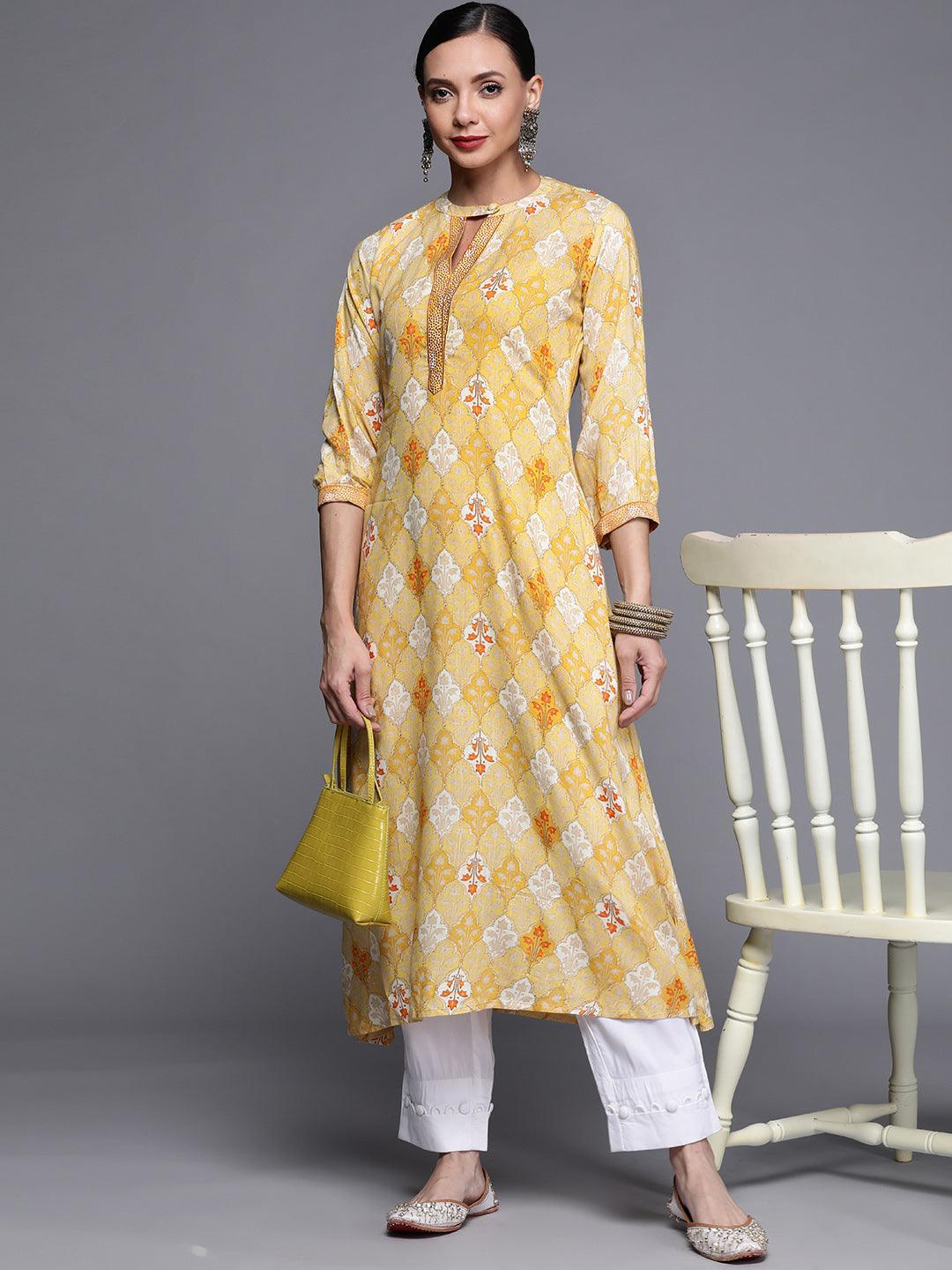 Yellow Printed Rayon Kurta