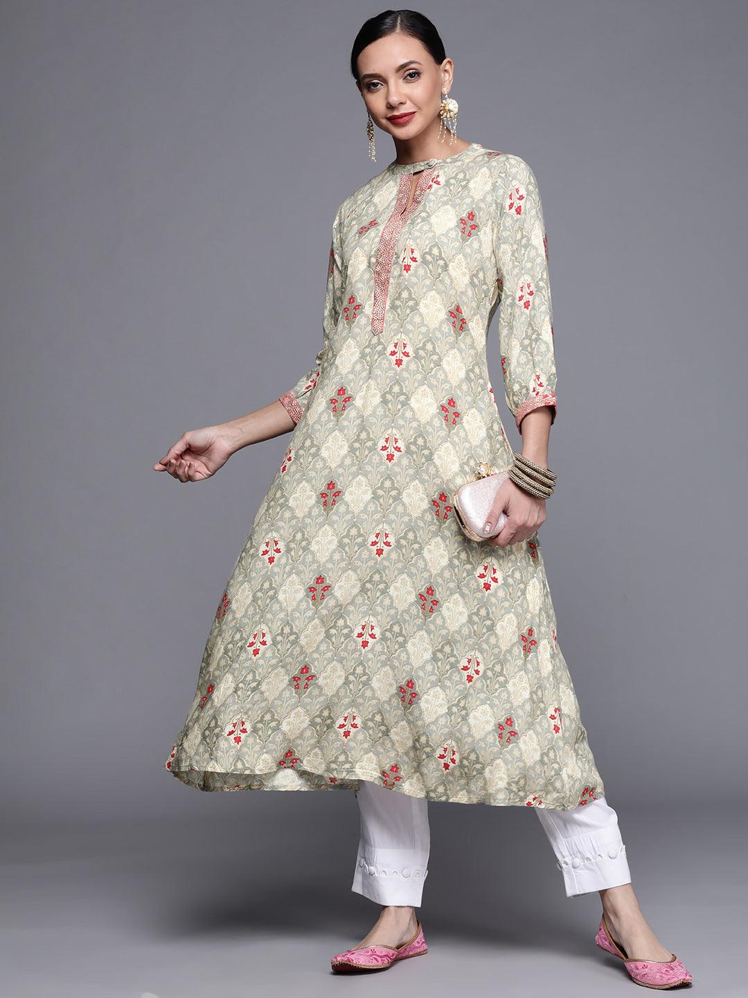 Grey Printed Rayon Kurta