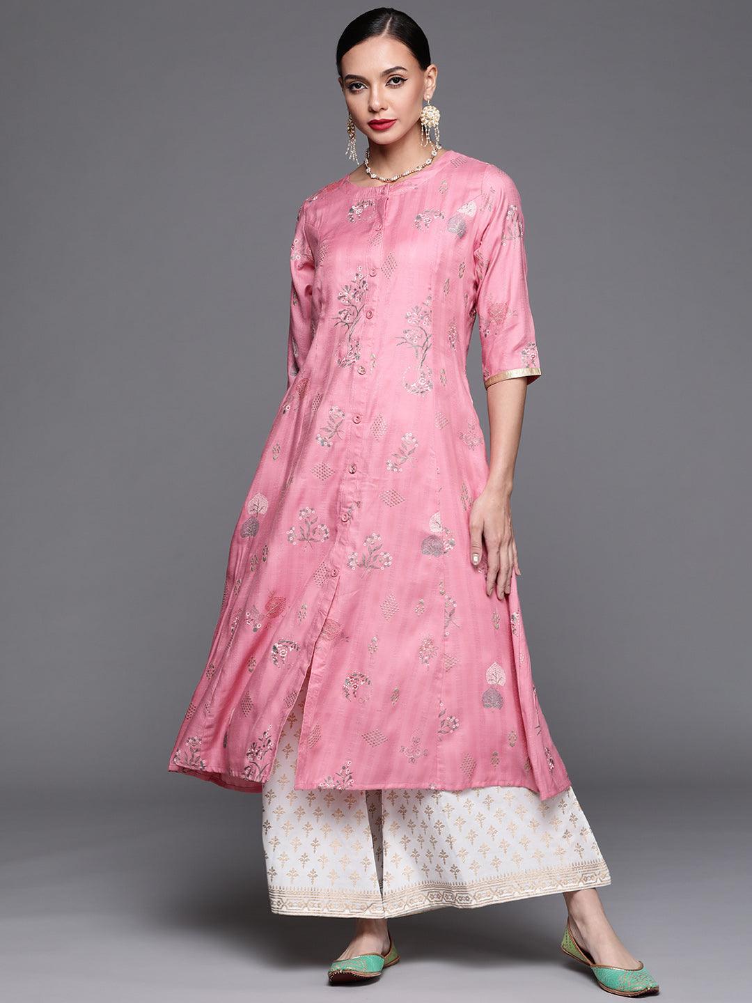 Pink Printed Cotton Silk Kurta - ShopLibas